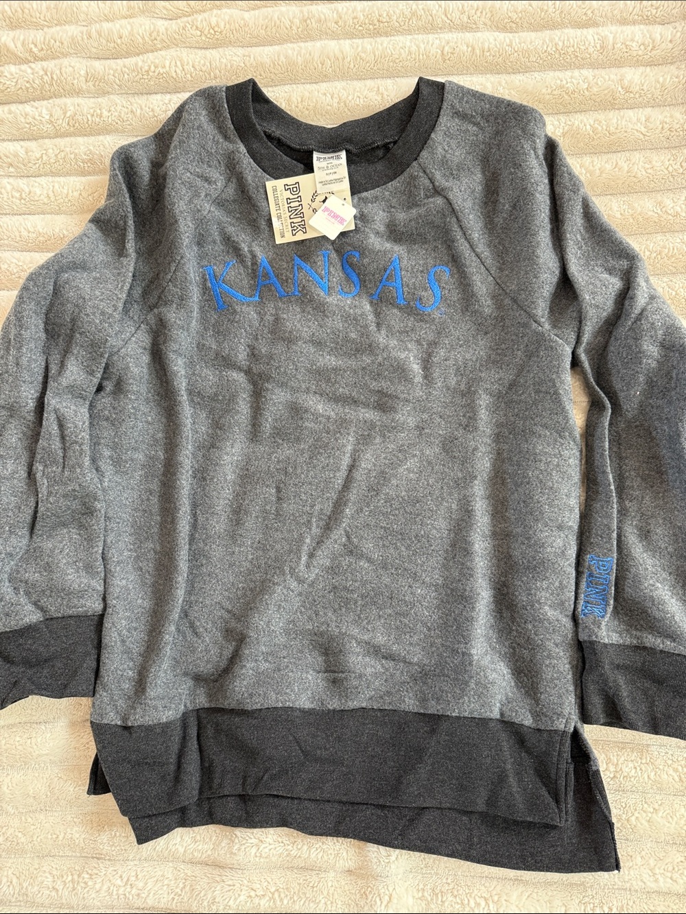 Victoria's Secret PINK Grey Sweatshirt with Blue KANSAS Embroidery